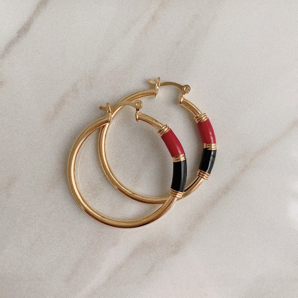 Red Black Enamel Tube Hoops | 18k Gold Filled - Picture 2 of 6
